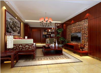 改造后的電視背景墻用木質馬賽克作為裝飾,與紅木色墻面裝飾面板形_裝修美圖-新浪家居